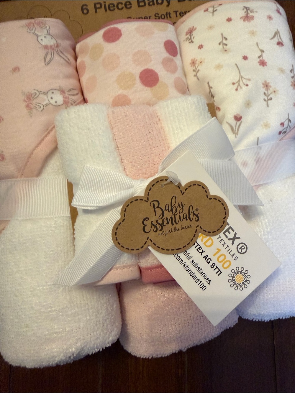 Baby Essentials Hooded Towels & Washcloth Set - Pink, White, Cream Baby Bath Set - Picture 3 of 3